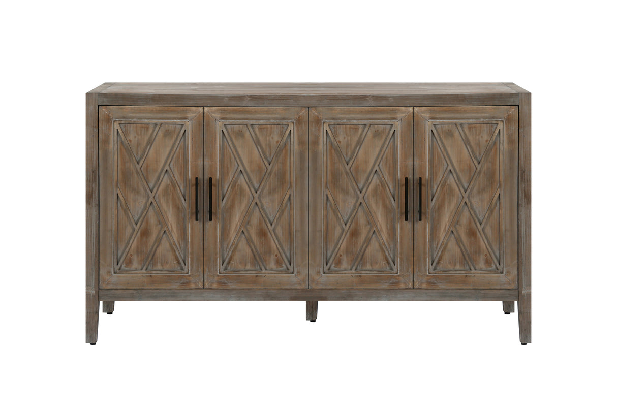 4 Door Wooden Twill Sideboard American Country Vintage Old Living Room Dining Room Hallway Entryway Cabinet (Brown)