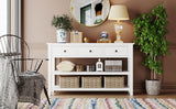 Retro Design Console Table with Two Open Shelves, Pine Solid Wood Frame and Legs for Living Room (Antique White) - V.I.P Digital Presence