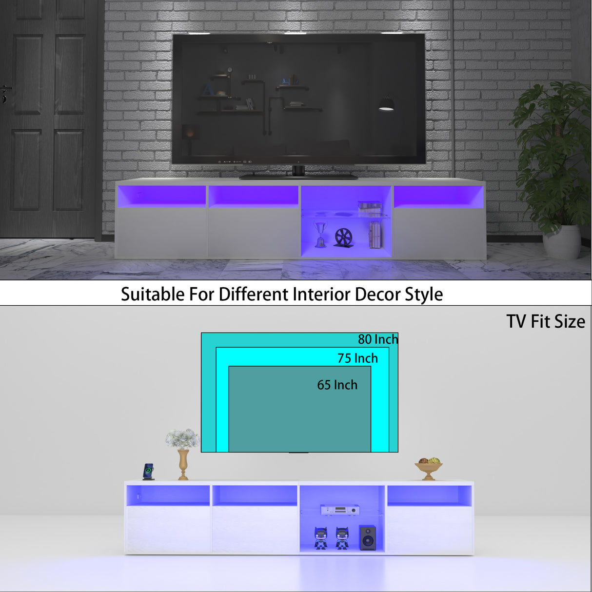 TV console with storage cabinet, 82.6-inch long LED TV stand with 31 mode switching lights (white, suitable for 75/80 inch TVs) - V.I.P Digital Presence