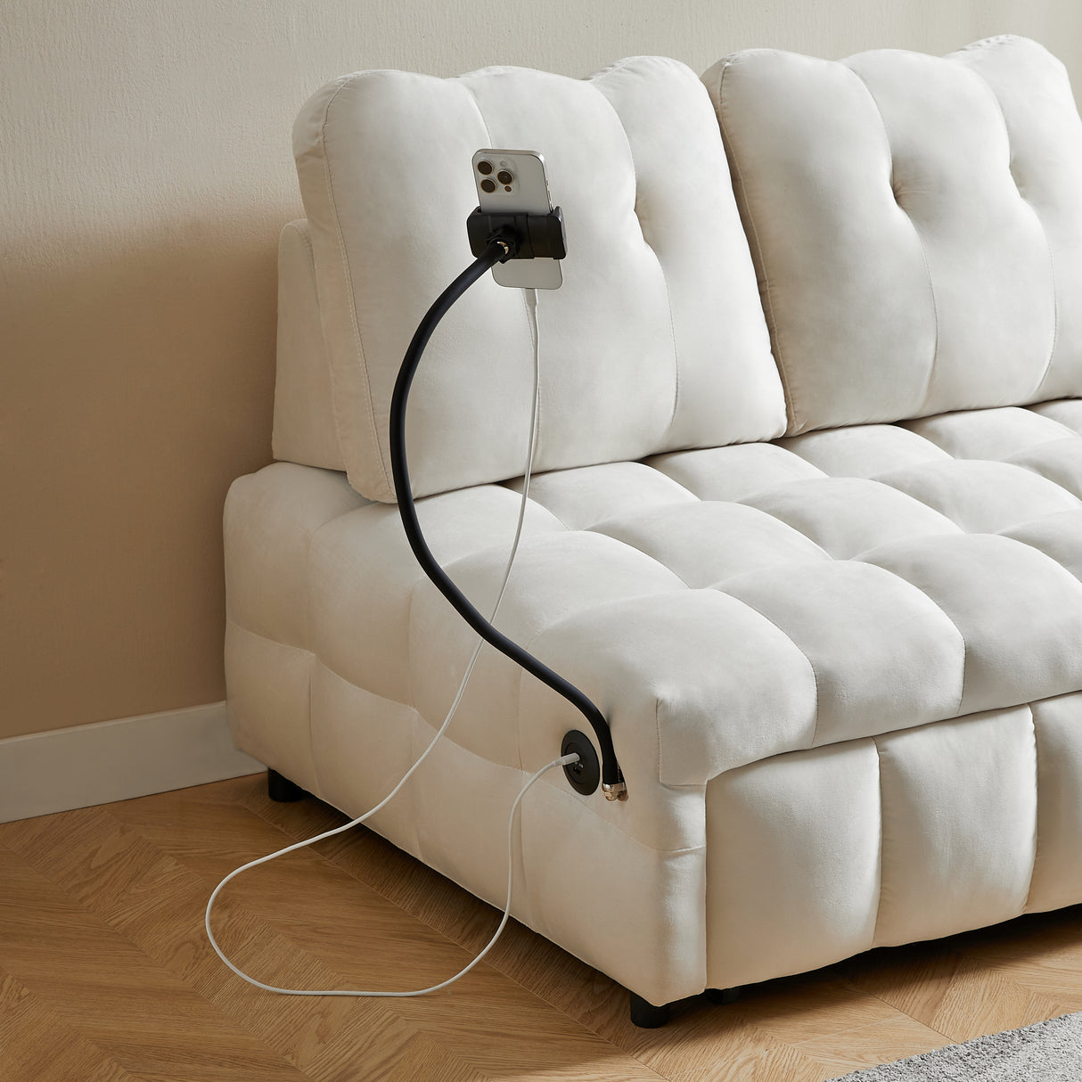 Modern sofa velvet pull-out bed,Independently removable backrest, have USB port and swivel phone stand ,beige - V.I.P Digital Presence