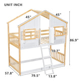 Twin over Twin House Bunk Bed with Roof , Window, Window Box, Door , with Safety Guardrails and Ladder, Natural/White - V.I.P Digital Presence