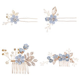 Luxury Blue Flower Hair Combs Headdress Prom Bridal Wedding Hair Accessories Gold Leaves Hair Jewelry Hair Pins - V.I.P Digital Presence