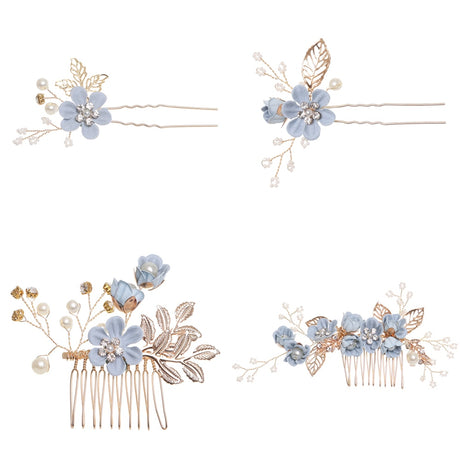 Luxury Blue Flower Hair Combs Headdress Prom Bridal Wedding Hair Accessories Gold Leaves Hair Jewelry Hair Pins - V.I.P Digital Presence