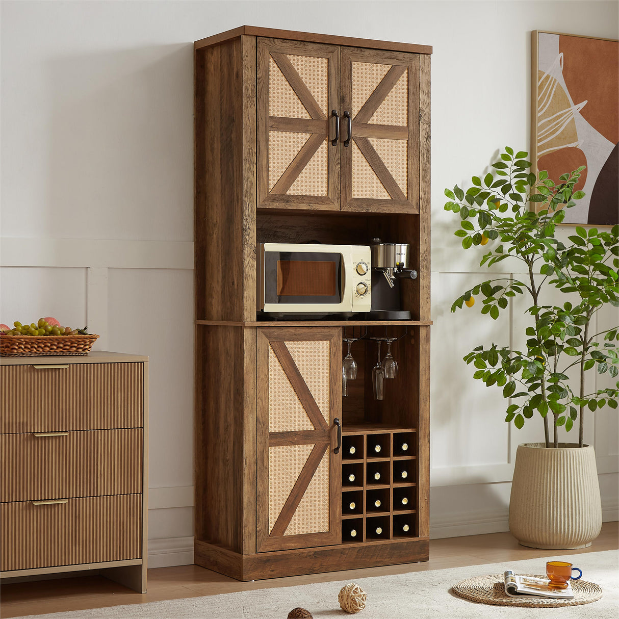 76-Inch Tall Rustic Oak Color Farmhouse Kitchen Faux Rattan Wine Cabinet, Kitchen Bar Cabinet with Square Compartments - V.I.P Digital Presence
