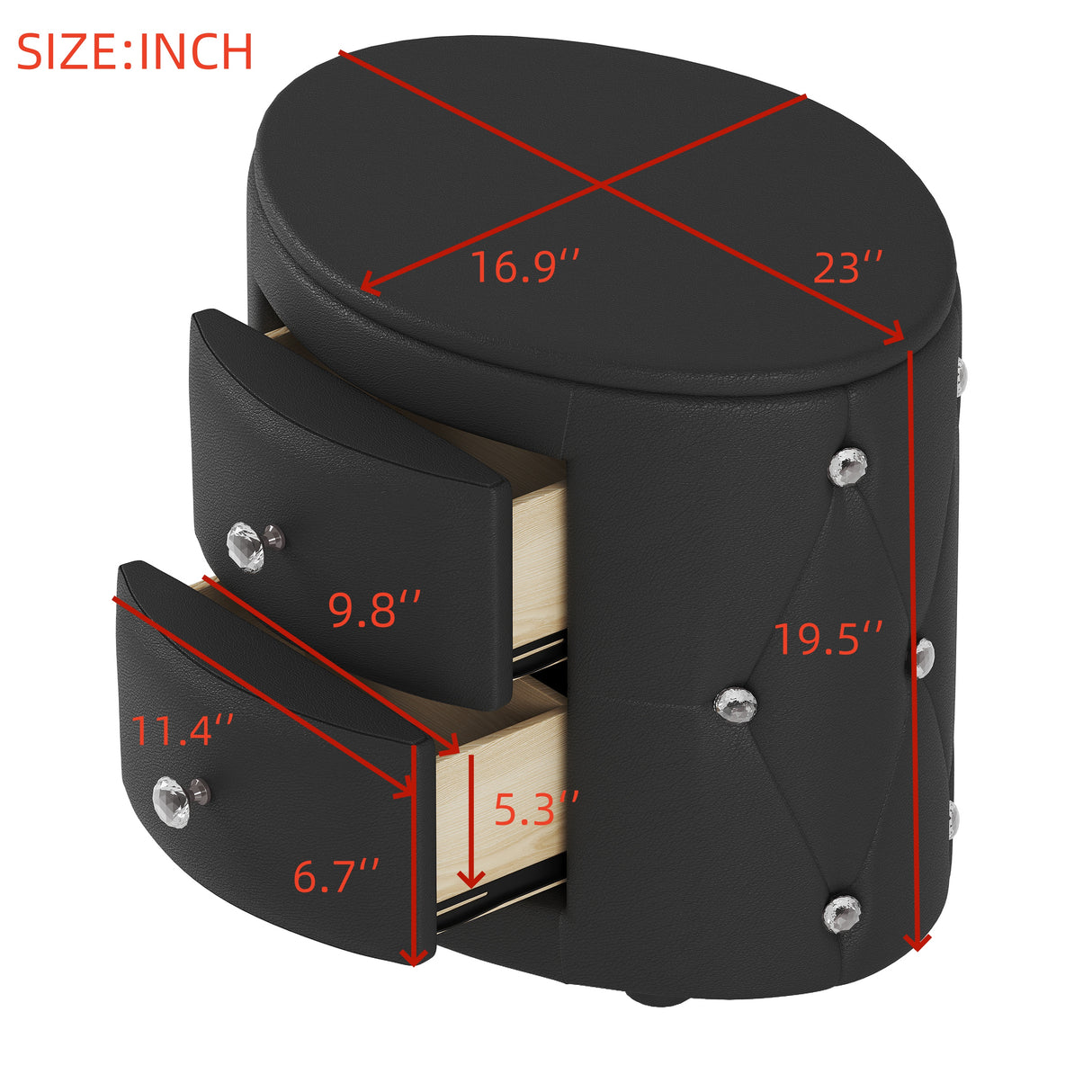 Elegant PU Nightstand with 2 Drawers and Crystal Handle,Fully Assembled Except Legs&Handles,Storage Bedside Table - Black - V.I.P Digital Presence