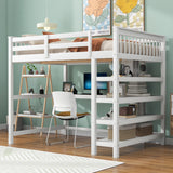 Full Size Loft Bed with Storage Shelves and Under-bed Desk  White
