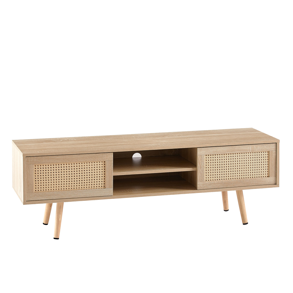 55.12" Rattan TV cabinet double sliding doors for storage adjustable shelf solid wood legs TV console for living room natural - V.I.P Digital Presence