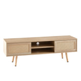 55.12" Rattan TV cabinet double sliding doors for storage adjustable shelf solid wood legs TV console for living room natural - V.I.P Digital Presence