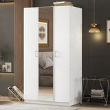 3 Door Wardrobe with Mirror, Armoire with Hanging Rod and 3 Fixed Shelves,White - V.I.P Digital Presence