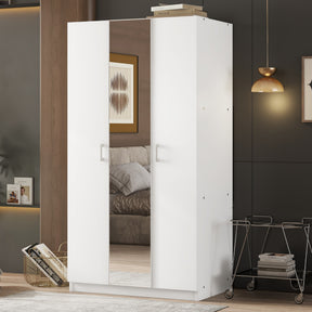 3 Door Wardrobe with Mirror, Armoire with Hanging Rod and 3 Fixed Shelves,White - V.I.P Digital Presence