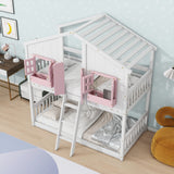 Twin over Twin House Bunk Bed with Roof , Window, Window Box, Door , with Safety Guardrails and Ladder, Pink/White - V.I.P Digital Presence