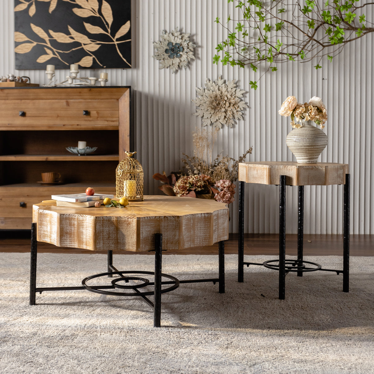 31.5 "Vintage Patchwork Lace Shape Coffee Table Cedar Coffee Table Set (Set of 2)