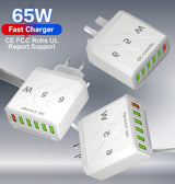 Cargador de teléfono móvil estándar coreano de carga rápida de 65 W, cargador de viaje con cabezal de carga rápida multipuerto de 6 USB 