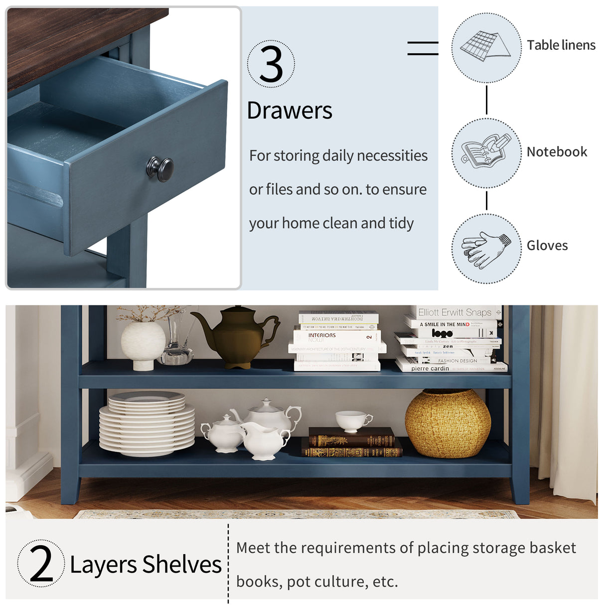 Retro Design Console Table with Two Open Shelves, Pine Solid Wood Frame and Legs for Living Room (Antique Navy+Espresso) - V.I.P Digital Presence