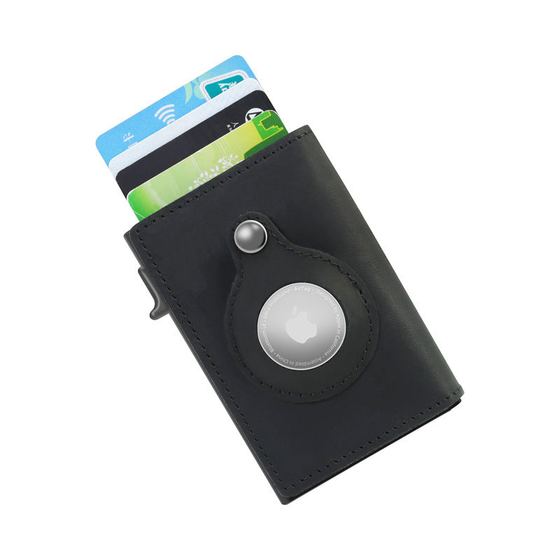 Leather Sliding Wallet Bi-Fold Credit Card Wallet Automatic Pop-Up Card Holder With Air Tag Protective Sleeve - V.I.P Digital Presence