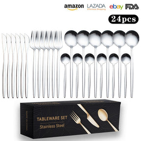 Cutlery Set Stainless Steel Knife Fork Set 24-Piece Tableware Set Golden Steak Knife Fork Spoon 6-Person Set - V.I.P Digital Presence