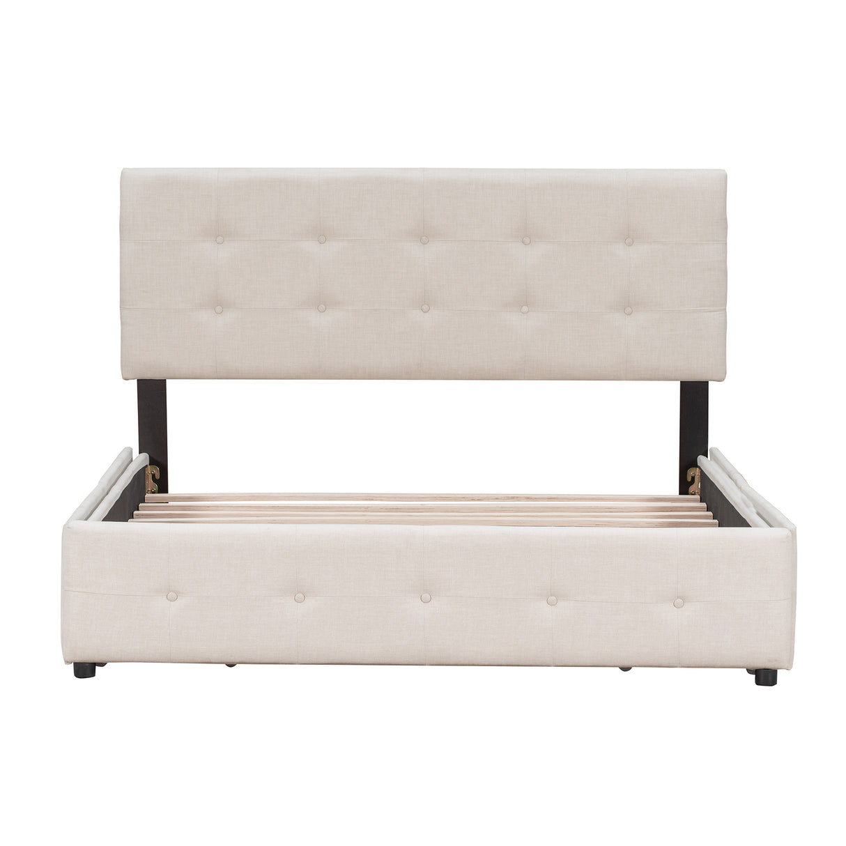 Upholstered Platform Bed with Classic Headboard and 4 Drawers No Box Spring Needed Linen Fabric Queen Size Beige - V.I.P Digital Presence