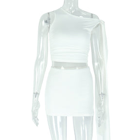 Strap Oblique Collar Asymmetric Dress Set Fitted Pencil Short Skirt Two-Piece Set Sexy Solid Color Women's Dress - V.I.P Digital Presence