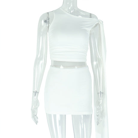 Strap Oblique Collar Asymmetric Dress Set Fitted Pencil Short Skirt Two-Piece Set Sexy Solid Color Women's Dress - V.I.P Digital Presence