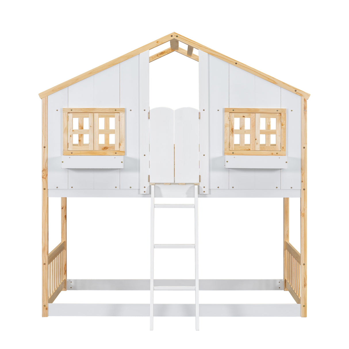 Twin over Twin House Bunk Bed with Roof , Window, Window Box, Door , with Safety Guardrails and Ladder, Natural/White - V.I.P Digital Presence
