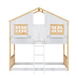 Twin over Twin House Bunk Bed with Roof , Window, Window Box, Door , with Safety Guardrails and Ladder, Natural/White - V.I.P Digital Presence