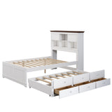 Solid Pine Captain Bookcase Bed with Trundle Bed and 3 Spacious Under Bed Drawers in Casual,Full, White+Walnut - V.I.P Digital Presence