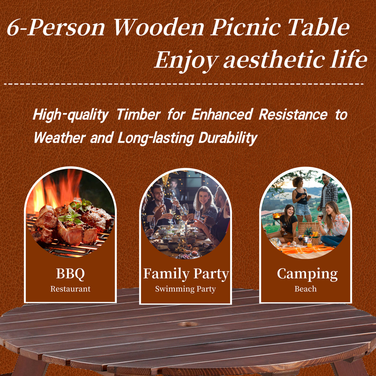 6-person circular picnic table with 3 built-in benches, umbrella holes, outdoor tables and chairs brown bench set - V.I.P Digital Presence