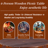 6-person circular picnic table with 3 built-in benches, umbrella holes, outdoor tables and chairs brown bench set - V.I.P Digital Presence