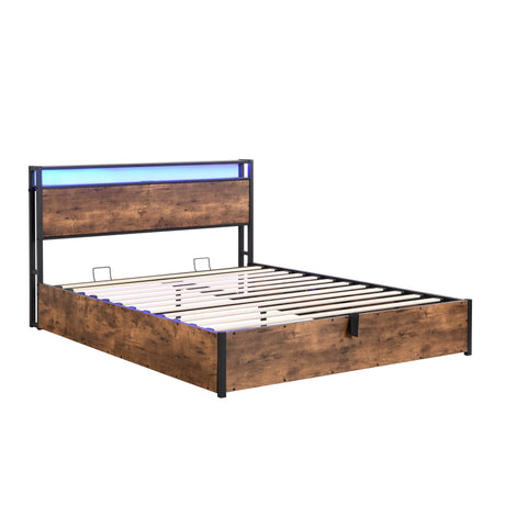 Elevating storage bed frame, full-size bed frame with bookshelf headboard and LED lights, with country brown color - V.I.P Digital Presence
