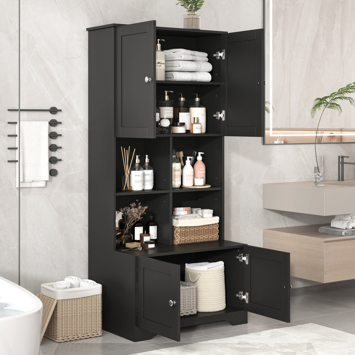 Bathroom storage cabinet, 4-door independent cabinet, adjustable shelf, open multi-layer shelf, black - V.I.P Digital Presence