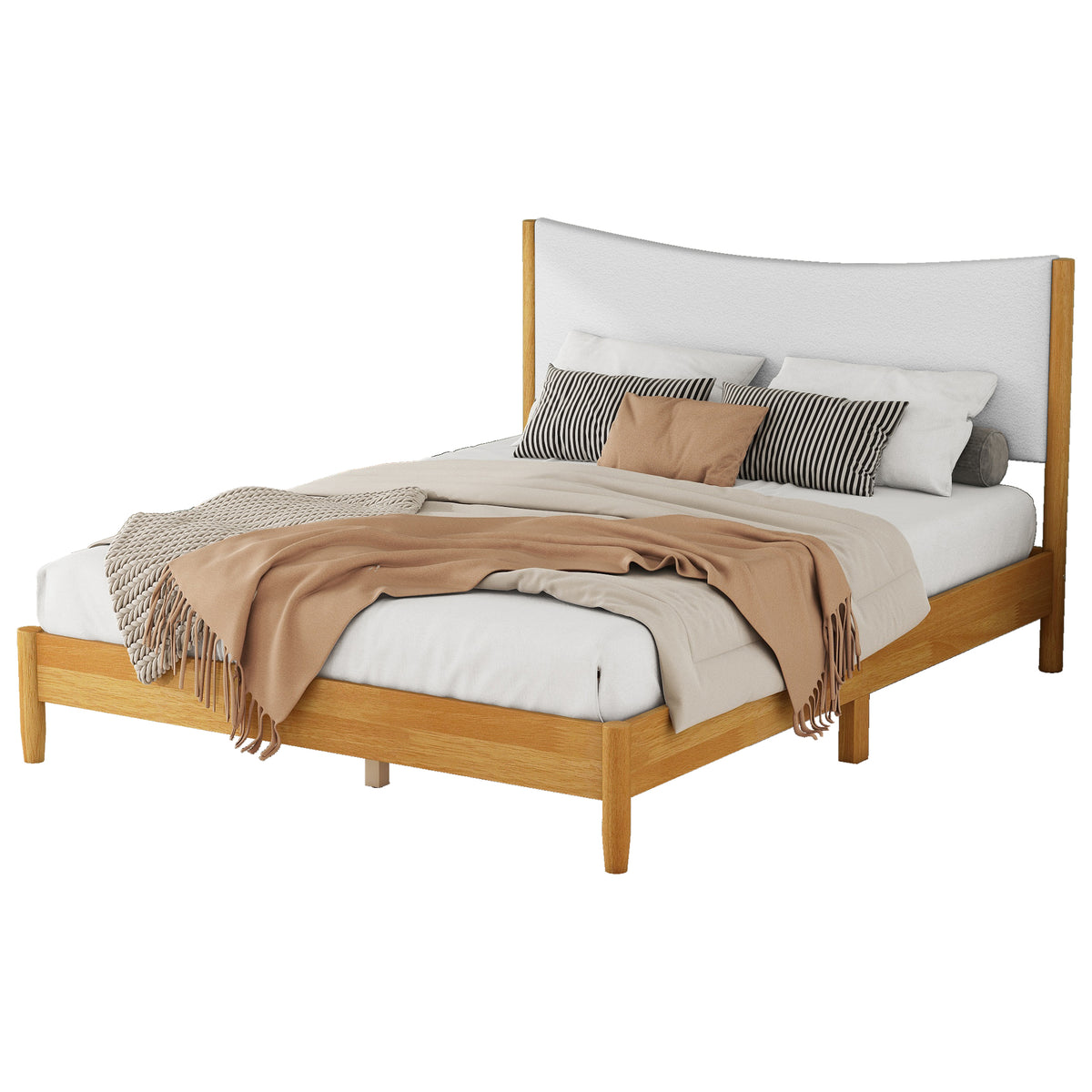Queen Size Rubber Wooden , Solid Wooden Bed with Teddy Velvet Cushion Upholstered Headboard, Enhanced by Support Feet - V.I.P Digital Presence