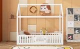 Twin Size Wood House Bed with Fence and Door, White - V.I.P Digital Presence