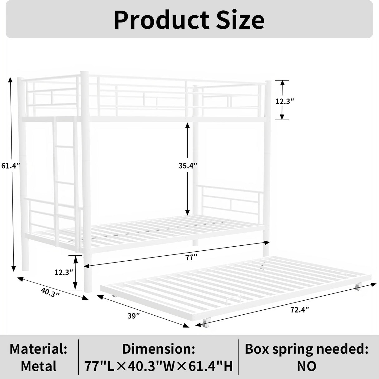 Heavy-duty Sturdy Meta Twin over Twin with Trundle Bunk Bed/l/ Noise Reduced/ Safety Guardrail/No Box Spring Needed,White - V.I.P Digital Presence