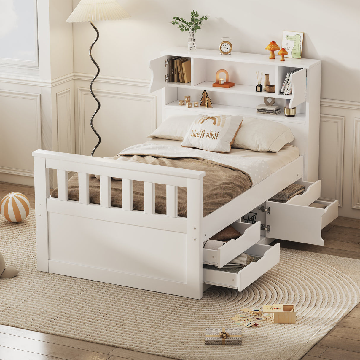 Twin Size Captain Platform Bed Frame with Storage Bookcases and Shelves,Four Drawers,White - V.I.P Digital Presence