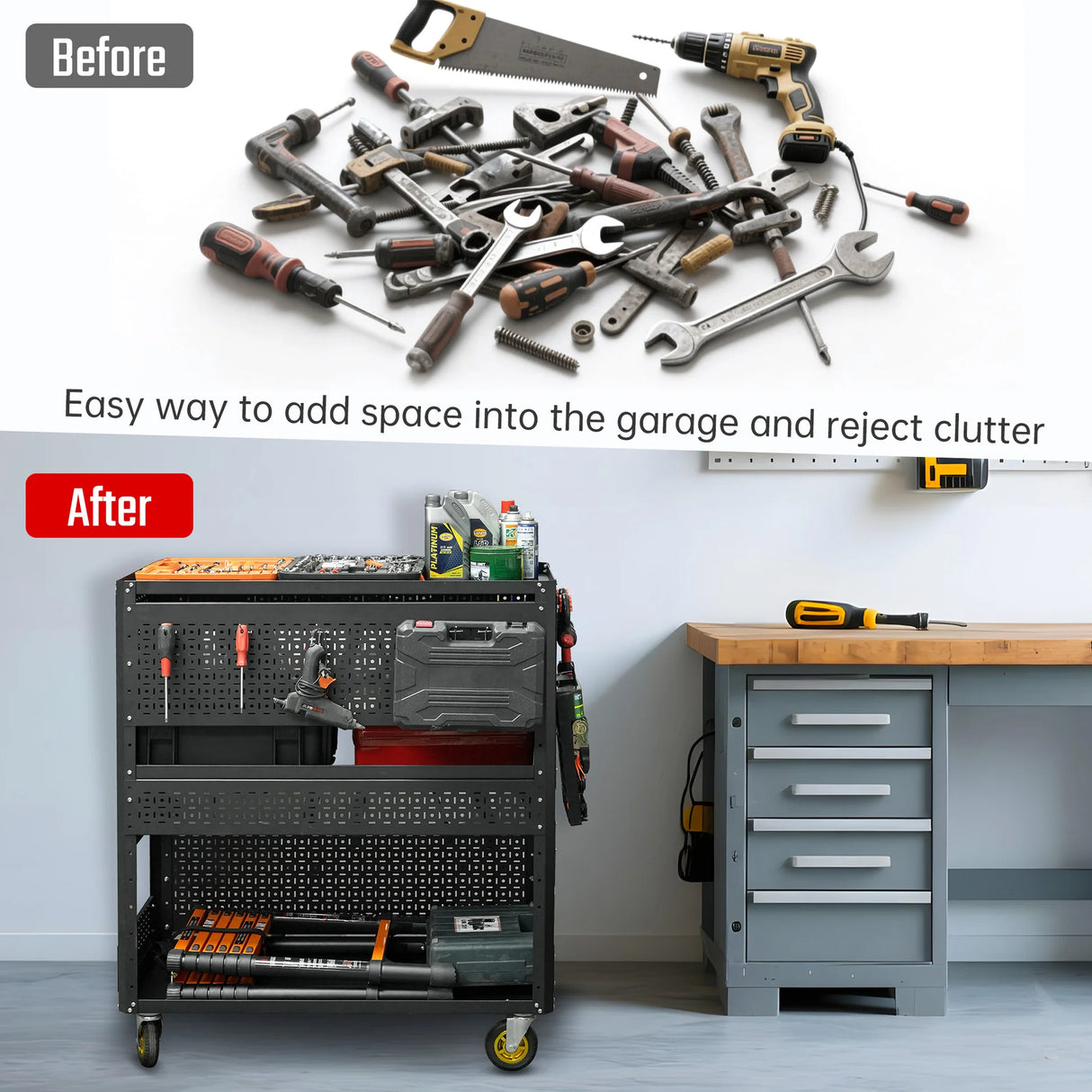 3-Tier Adjustable Rolling Tool Cart | Garage & Workshop Organizer w/ Steel Pegboard - V.I.P Digital Presence