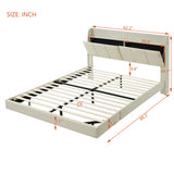 Large floating bed frame with storage headboard, touch sensor, night light and USB charger, padded platform bed, beige color - V.I.P Digital Presence