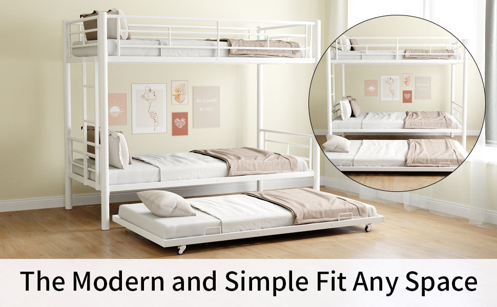 Heavy-duty Sturdy Meta Twin over Twin with Trundle Bunk Bed/l/ Noise Reduced/ Safety Guardrail/No Box Spring Needed,White - V.I.P Digital Presence