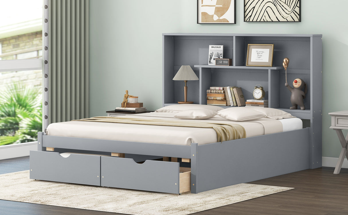 Queen Size Platform Bed with Storage Headboard and 2 Drawers, Gray - V.I.P Digital Presence