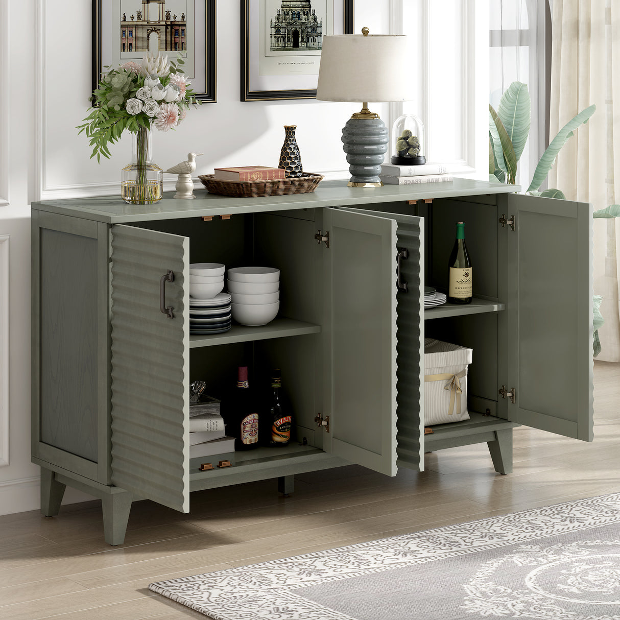 TREXM side panel with 4-door large storage buffet, adjustable shelves and metal handles (antique gray) - V.I.P Digital Presence