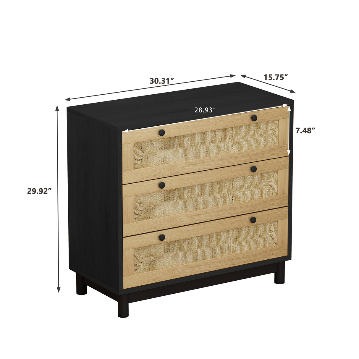 30.31"3-Drawers Storage Cabinet Rope Woven Drawer,for Bedroom,Living Room,Dining Room,Hallways,Black - V.I.P Digital Presence
