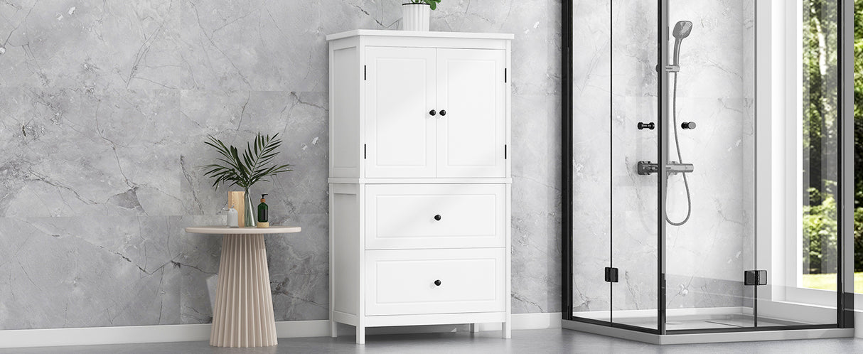 Bathroom Storage Cabinet, Cabinet with Two Doors and Drawers, Adjustable Shelf, MDF Board, White - V.I.P Digital Presence