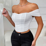 Fishbone waist cinched strapless camisole vest corset one shoulder short sleeved top for women - V.I.P Digital Presence