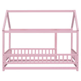 Twin Size Floor Wooden Bed with House Roof Frame, Fence Guardrails,Pink - V.I.P Digital Presence