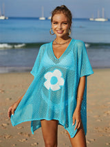 Openwork Flower V-Neck Short Sleeve Cover Up - V.I.P Digital Presence