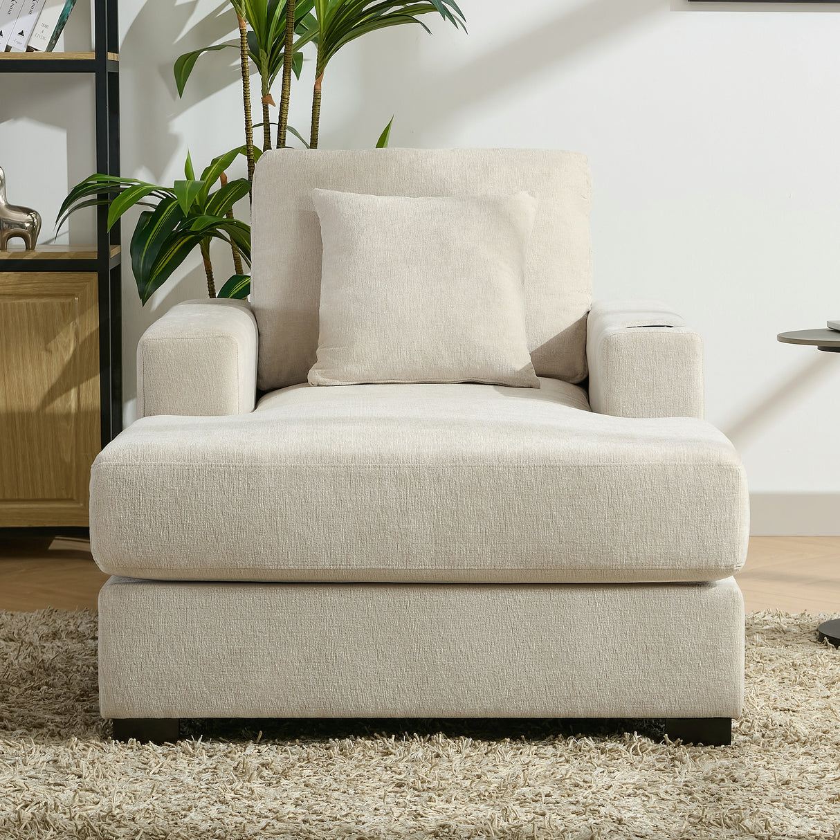 39.7" Oversized Chaise Lounger Modern Style Sofa Couch ,with Pillows, Charge Station & Cup Holders, Chenille Fabric, Cream - V.I.P Digital Presence