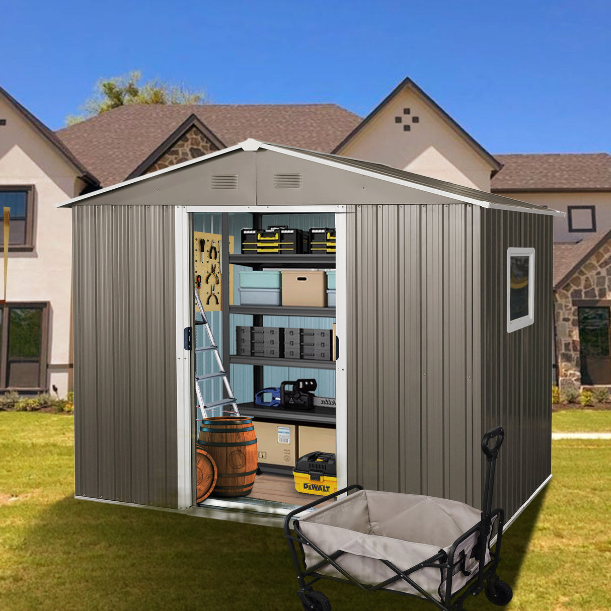 8ft x 6ft Outdoor Metal Storage Shed with Window Grey(W540S00016) - V.I.P Digital Presence