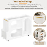 Stylish mobile desk with lockable wheels, white bedside table with 5mm thick grooved tempered glass and gold round bars - V.I.P Digital Presence