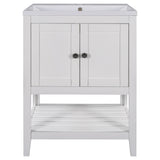 24" White Modern Sleek Bathroom Vanity Elegant Ceramic Sink with Solid Wood Frame Open Style Shelf - V.I.P Digital Presence