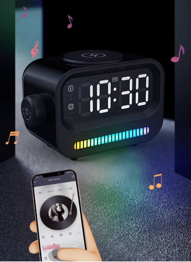 Alarm clock wireless charging Bluetooth speaker clock wireless charging voice controlled light - V.I.P Digital Presence