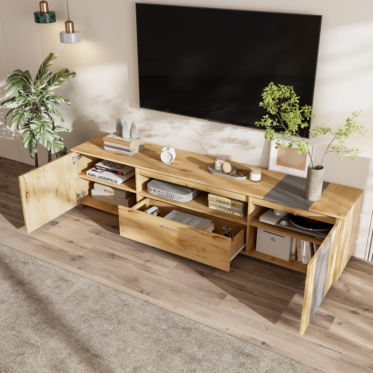 70 inch modern TV stand with 3 cabinets and drawers, entertainment center can accommodate TVs under 80 inches - V.I.P Digital Presence